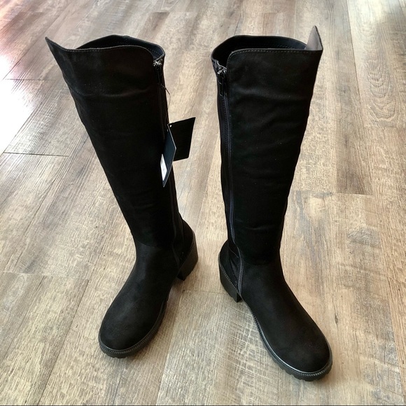 Black Faux Suede Knee Boots - Picture 2 of 9